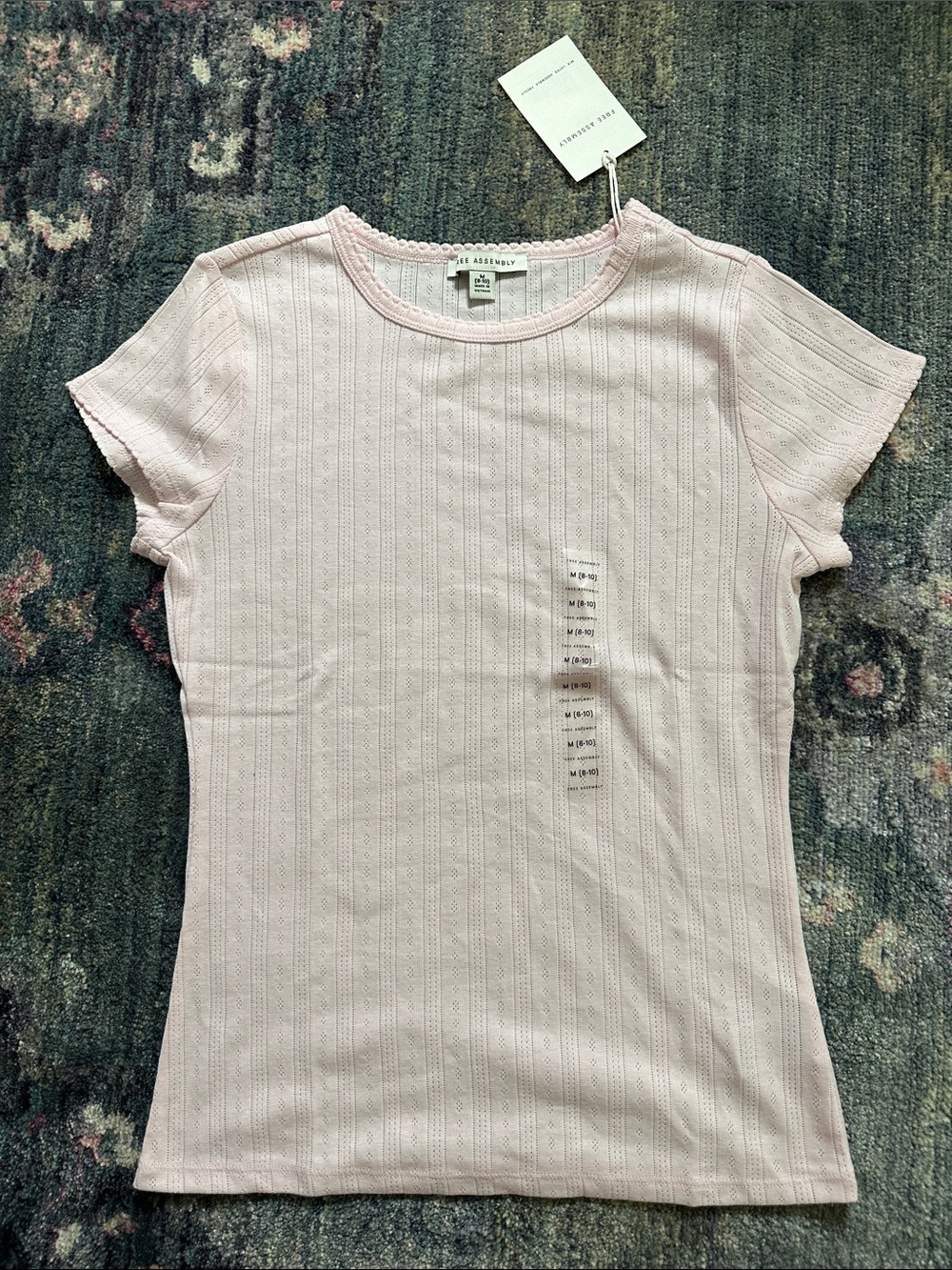 Free Assembly Coquette Ribbed Feminine Short Sleeve Tee in Baby Pink NWT Size M